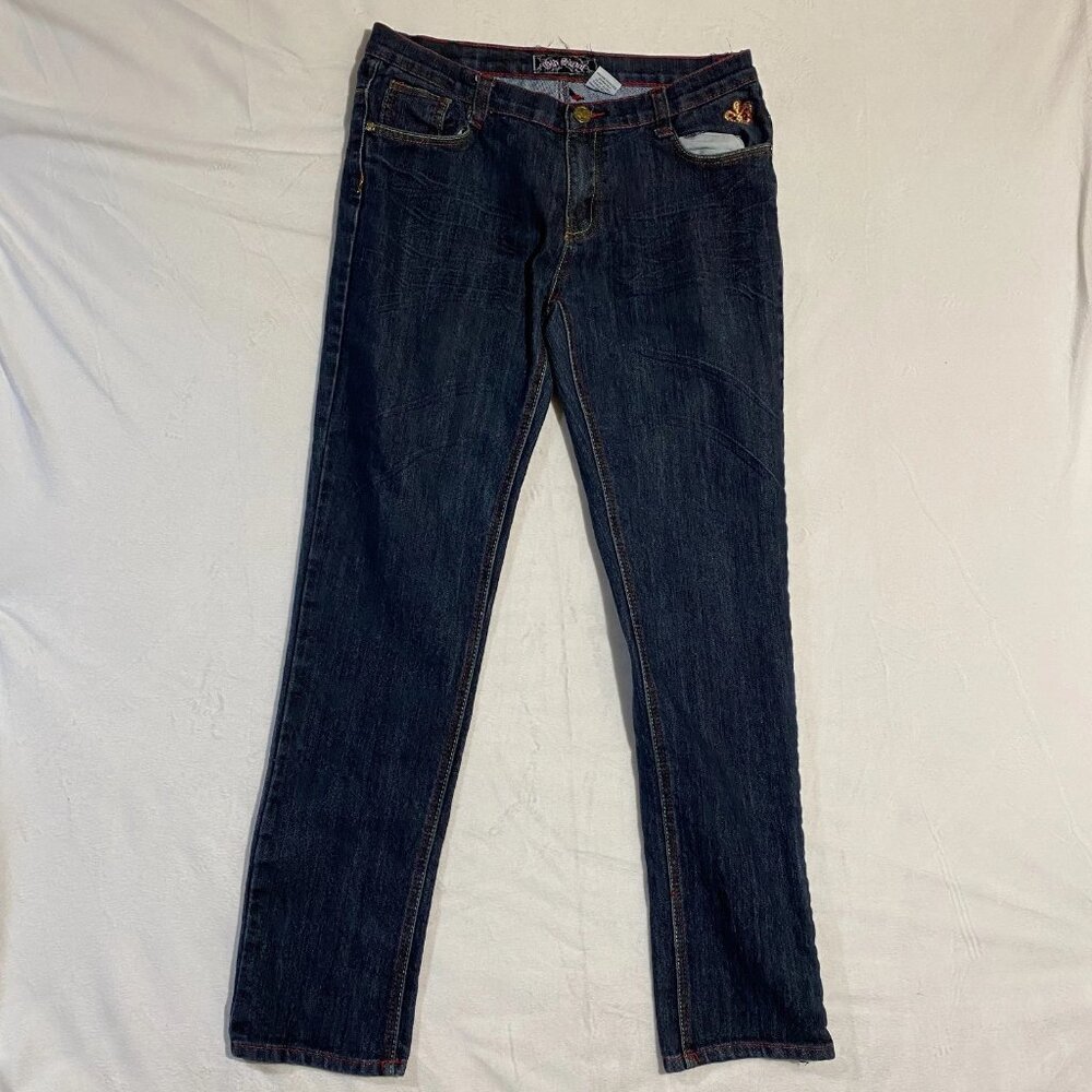 Y2K Old Skool Jeans Womens 15 Dark Blue Denim Stretch Royalty Embroidered